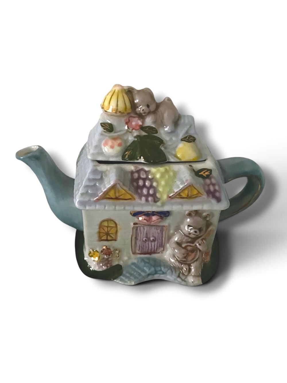 Vintage Ceramic Cottage Teapot in Multi-Color Trinket Storage